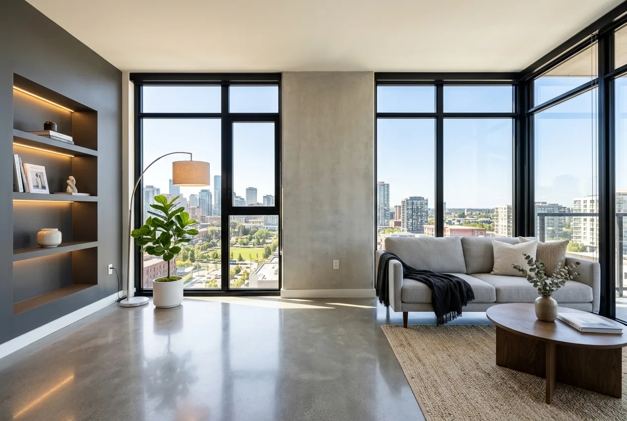 The same style of condo living room spotless after a Veloce final clean